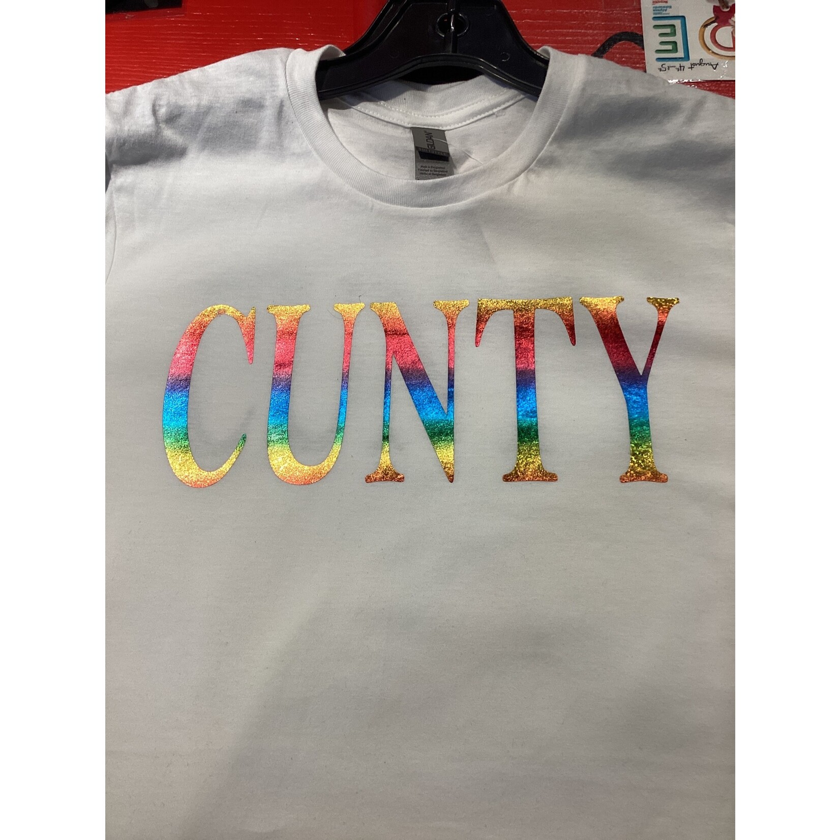 Jax Hammer Custom Jax Hammer Shirt “Cunty” White Shirt w/ Rainbow Vinyl