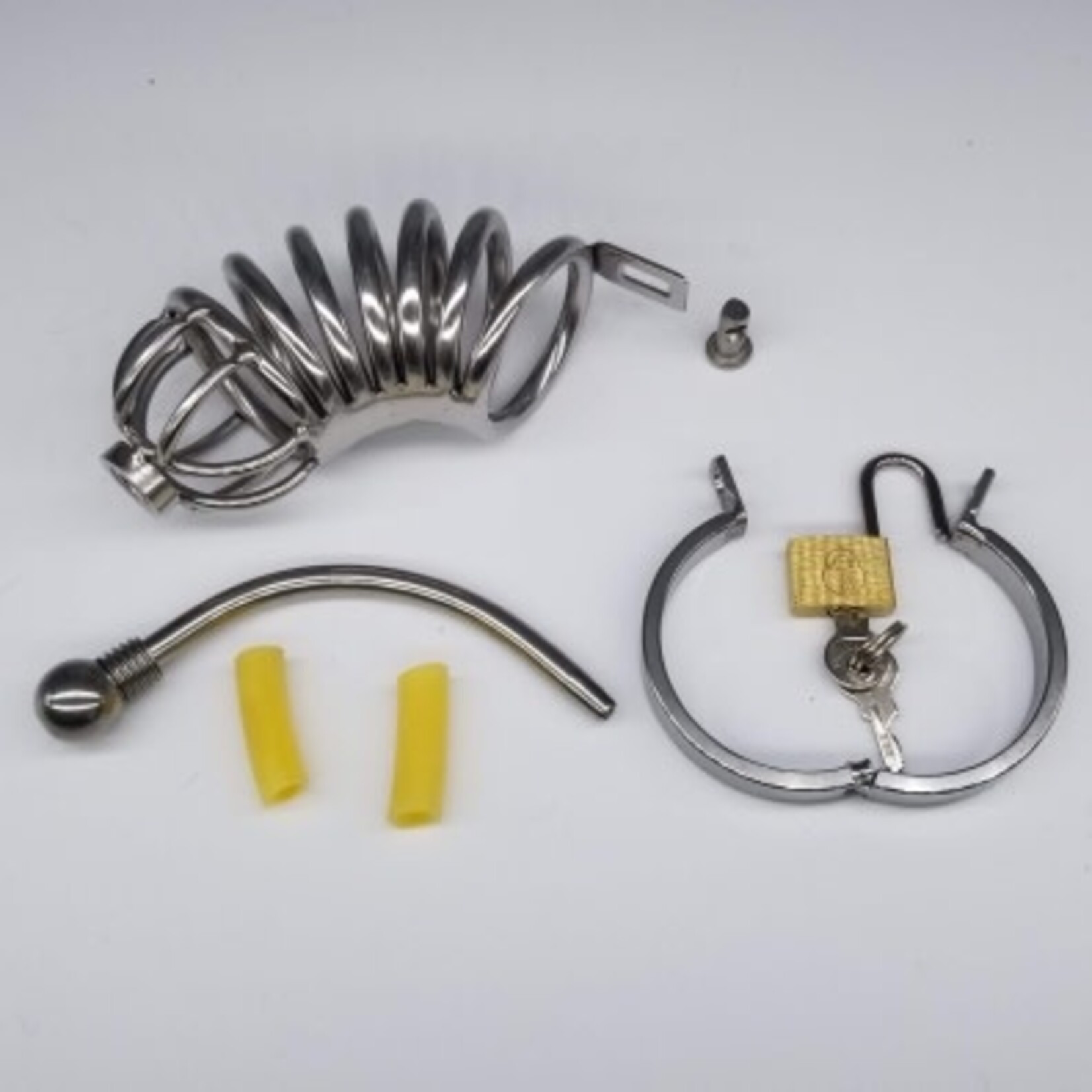 Kookie Kookie Long Ringed Metal Chastity Cage w/ Urethral Plug- Chrome