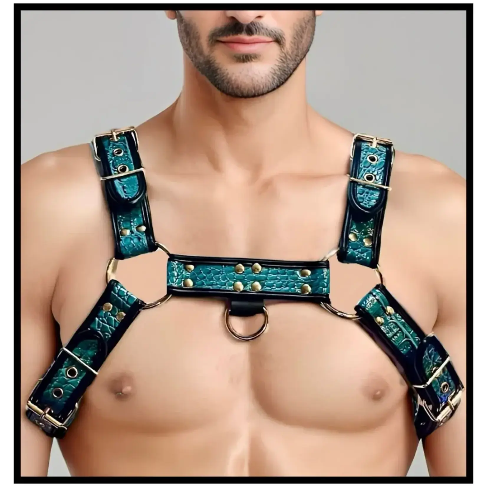 Folton Fetish Wear FFW - Aqua Luxe Mens Crocodile Bulldog Chest Harness