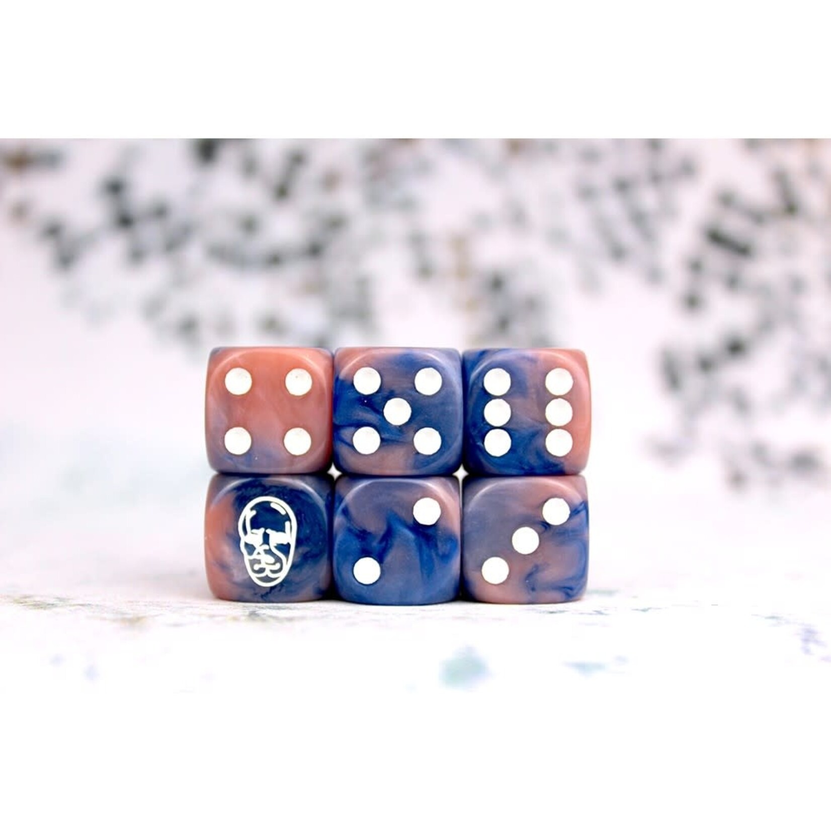 Para Bellum Games Spires Faction Dice on Dark Blue Swirl