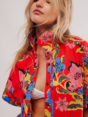 Free People We The Free Retro Tropics Palm Linen Top