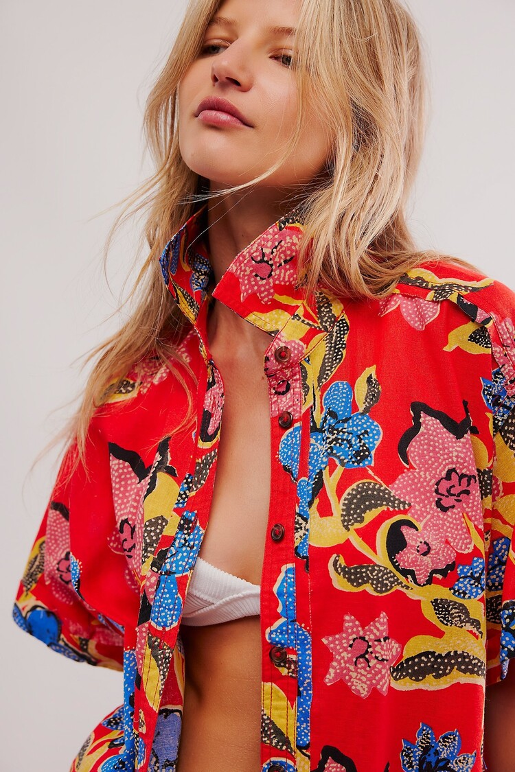 Free People We The Free Retro Tropics Palm Linen Top