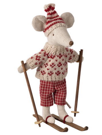 Maileg Winter Mouse with Ski Set, Mum - Red