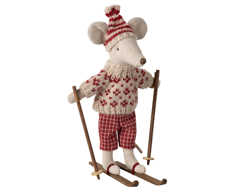 Maileg Winter Mouse with Ski Set, Mum - Red