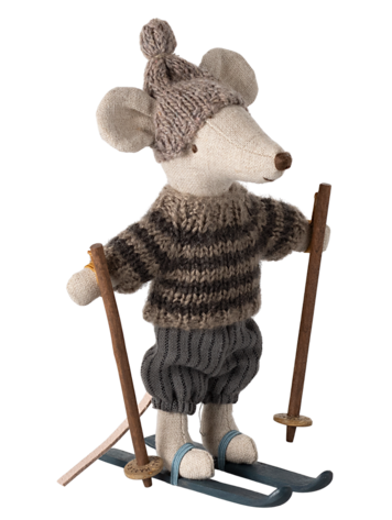 Maileg Winter Mouse with Ski Set, Big Brother - Grey