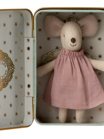 Maileg Little Sister Angel Mouse in Suitcase