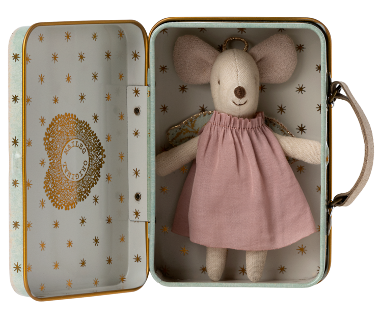 Maileg Little Sister Angel Mouse in Suitcase
