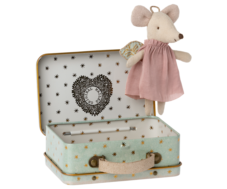 Maileg Little Sister Angel Mouse in Suitcase