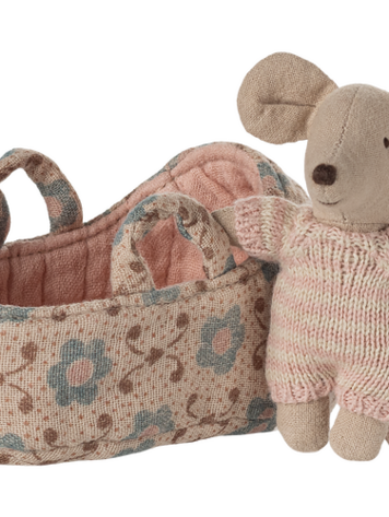 Maileg Baby Mouse in Carry Cot - Rose