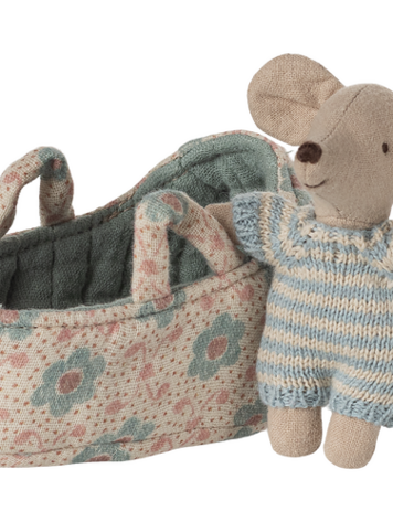 Maileg Baby Mouse in Carry Cot - Blue