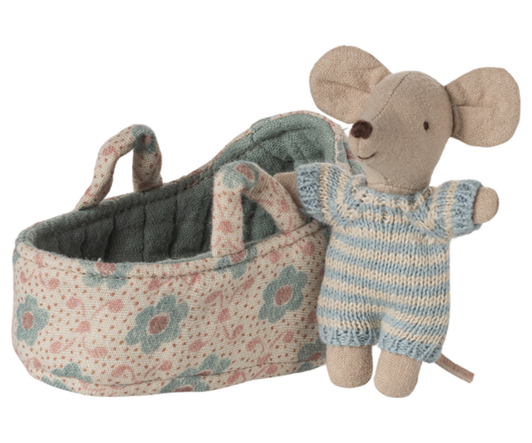 Maileg Baby Mouse in Carry Cot - Blue
