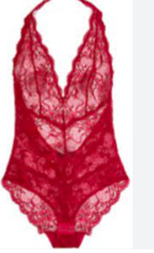 Buy Lace Cup Apex Strap Detail Mesh Bodysuit with Satin Bow Red For Women