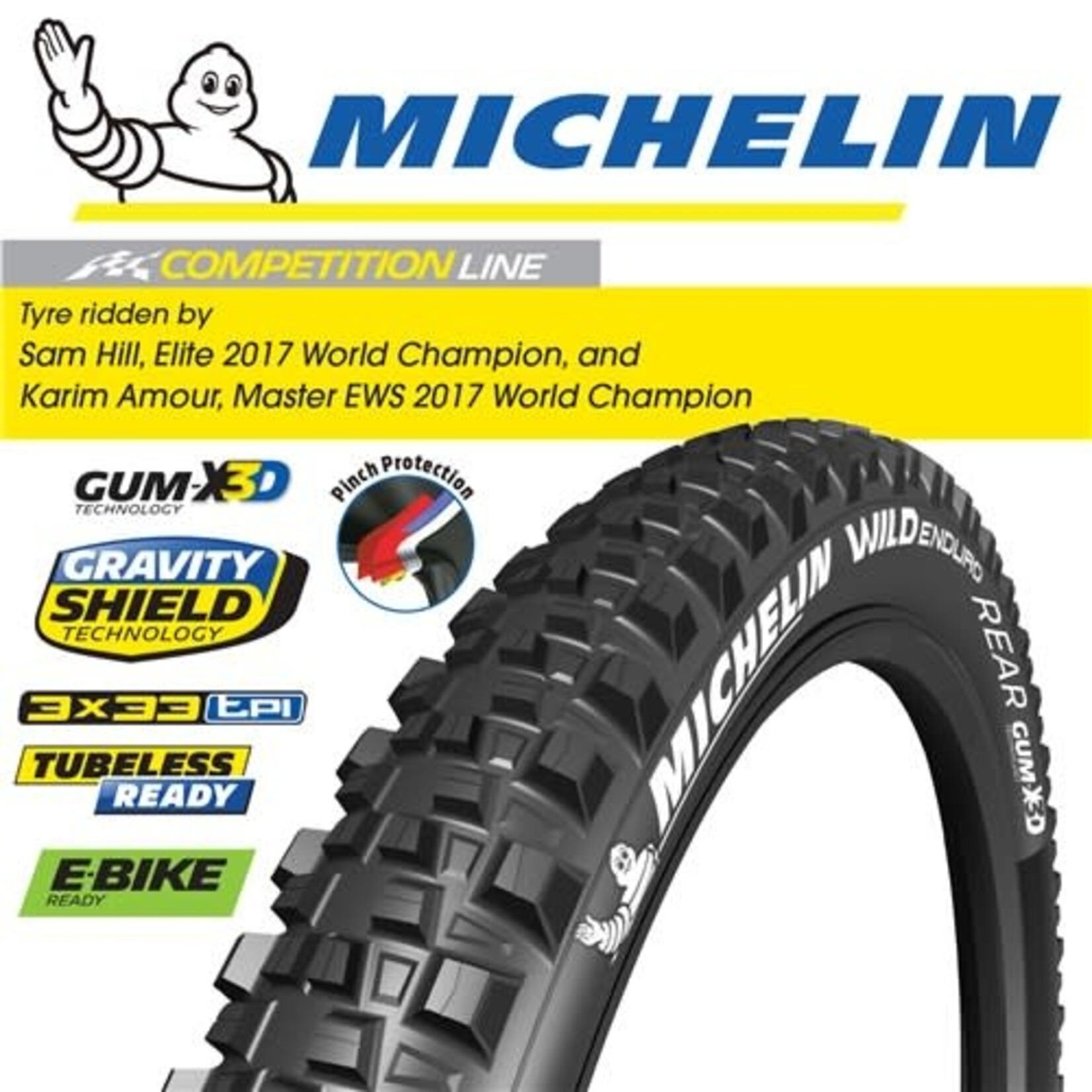 Michelin Michelin Wild Enduro Rear Tyre 27.5''x2.40, Folding, Tubeless Ready, GUM-X, GravityShield, 60TPI, Black