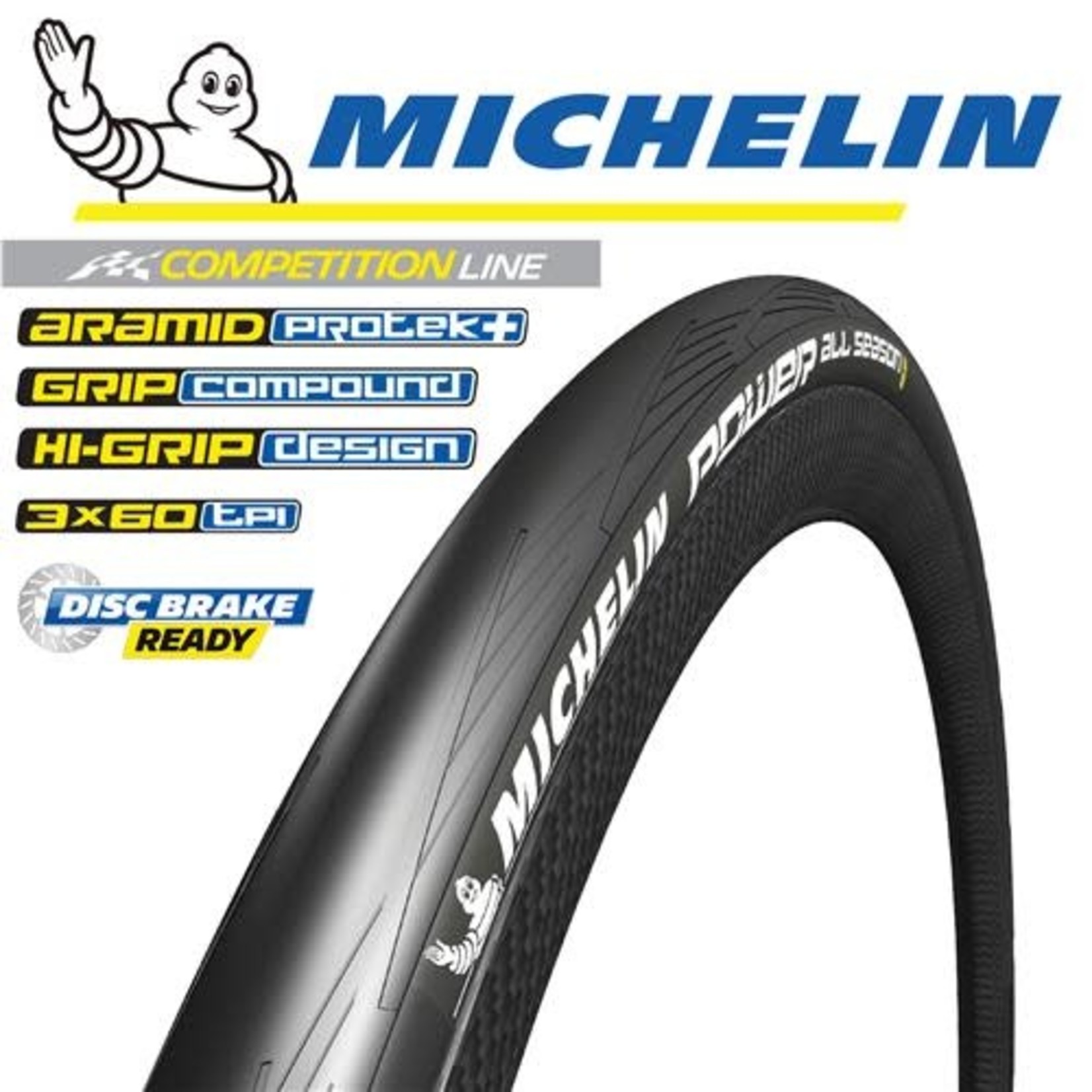 Michelin Michelin Power All Season Sport Tyre, Folding, Clincher, Bi-Compound, HDPROTECTION, 55TPI, Black