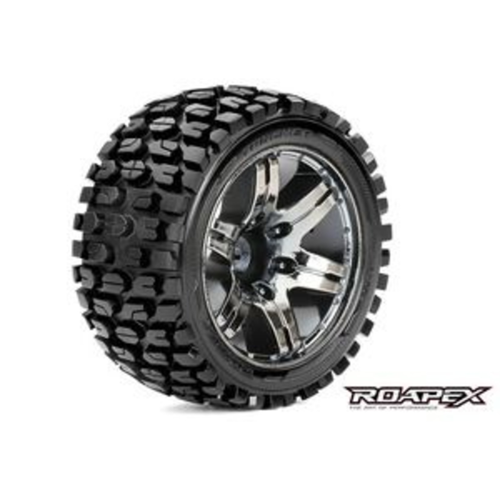 Roapex R/C Tracker 1/10 Stadium Truck Tire Chrome Black Wheel with