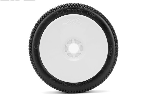 Jetko Tires Block In 1/8 Buggy Tires Mounted on White Dish Rims, Ultra Soft (2)