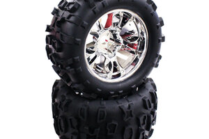 DHK Hobby Tires With Foam, Maximus - Mounted On Chrome Wheels (2) DHK Hobby Tires With Foam, Maximus - Mounted On Chrome Wheels (2)