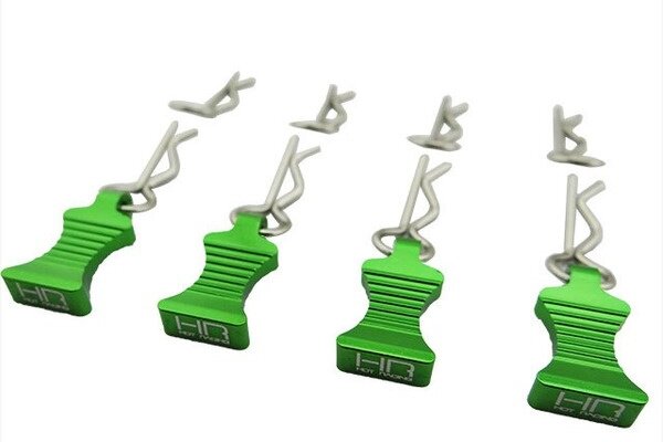 Hot Racing AC03EZ05  1/10 Green Alum EZ Pulls, 4pcs and Body Clips (8pcs)