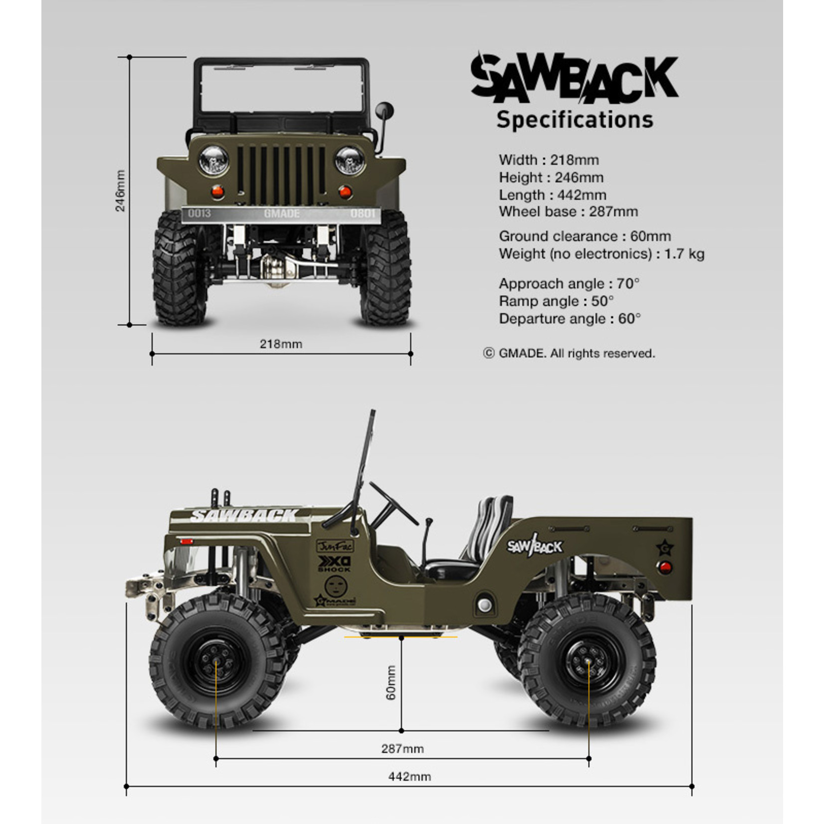 Gmade GMA52000 Sawback Crawler Kit, 1/10th Scale, 4WD w/Steel Frame