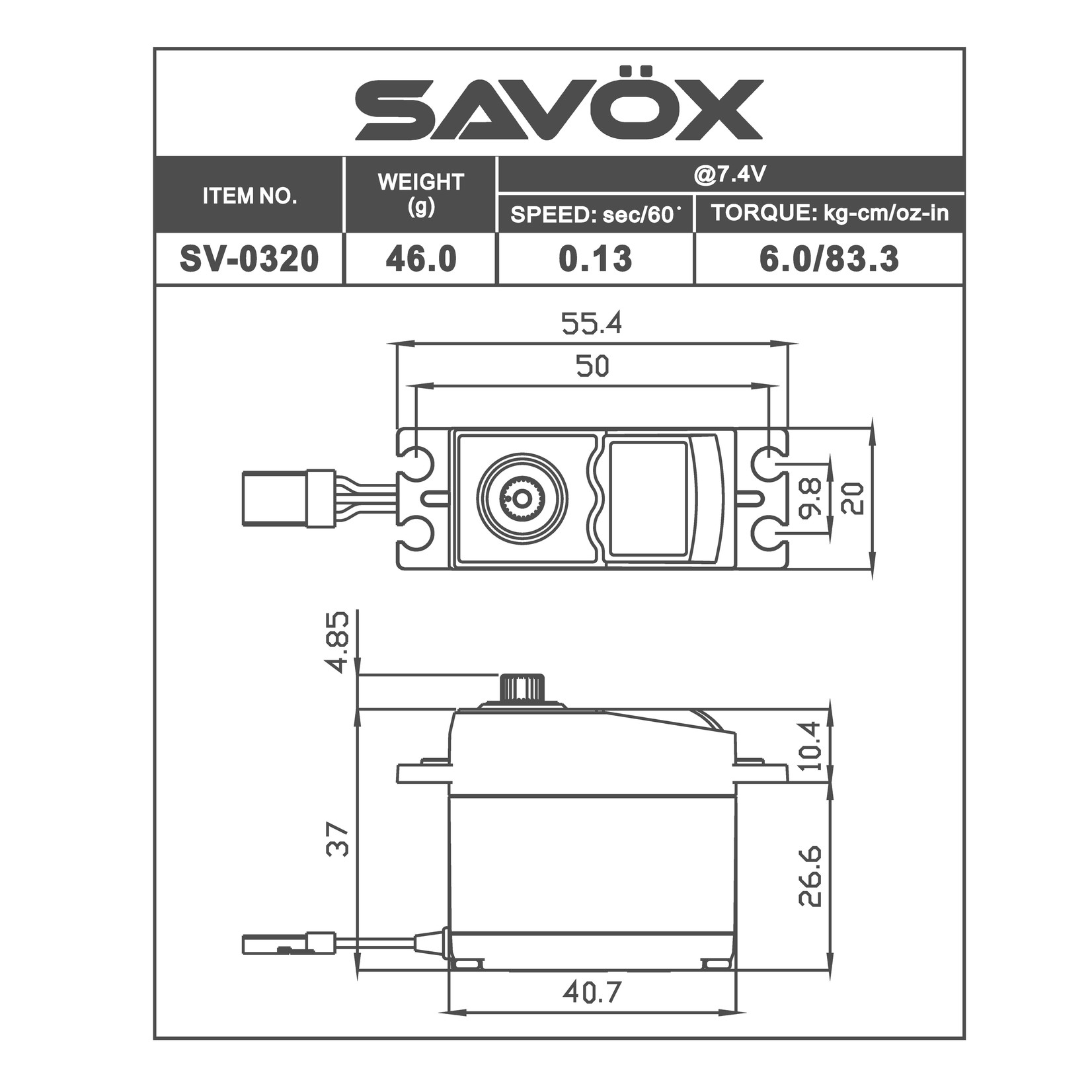 SAVOX SAVSV0320  SV-0320 HIGH VOLTAGE STD DIGITAL SERVO 0.13/83.3 @7.4