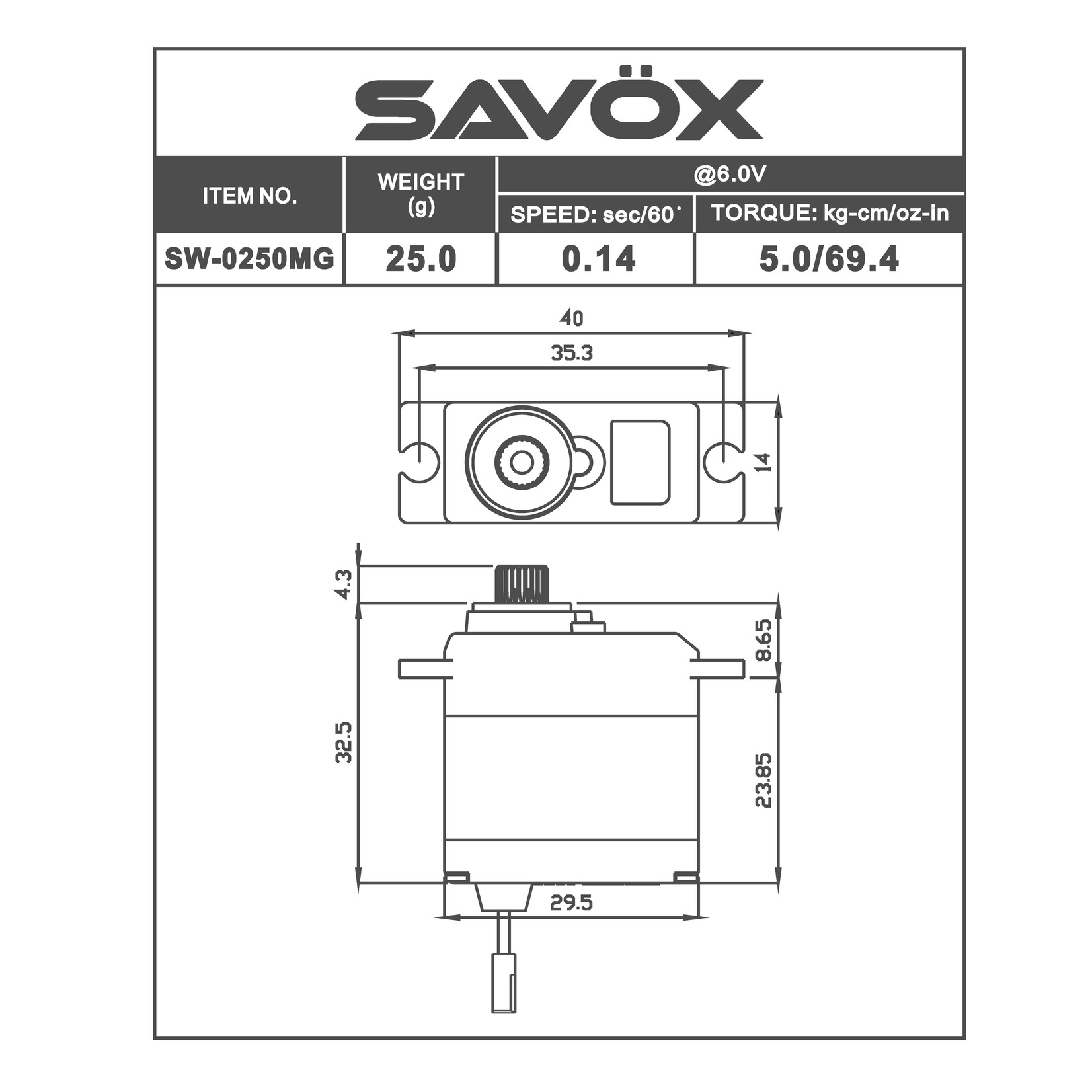 SAVOX SAVSW0250MG  WATERPROOF DIGITAL MICRO SERVO .11/69@6V