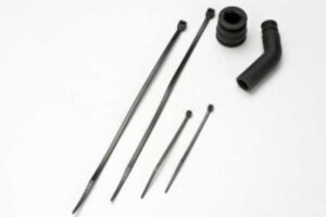 Traxxas 5245X Pipe coupler, molded (black)/ exhaust deflecter (rubber, black)/ cable ties, long (2)/ cable ties, short (2)