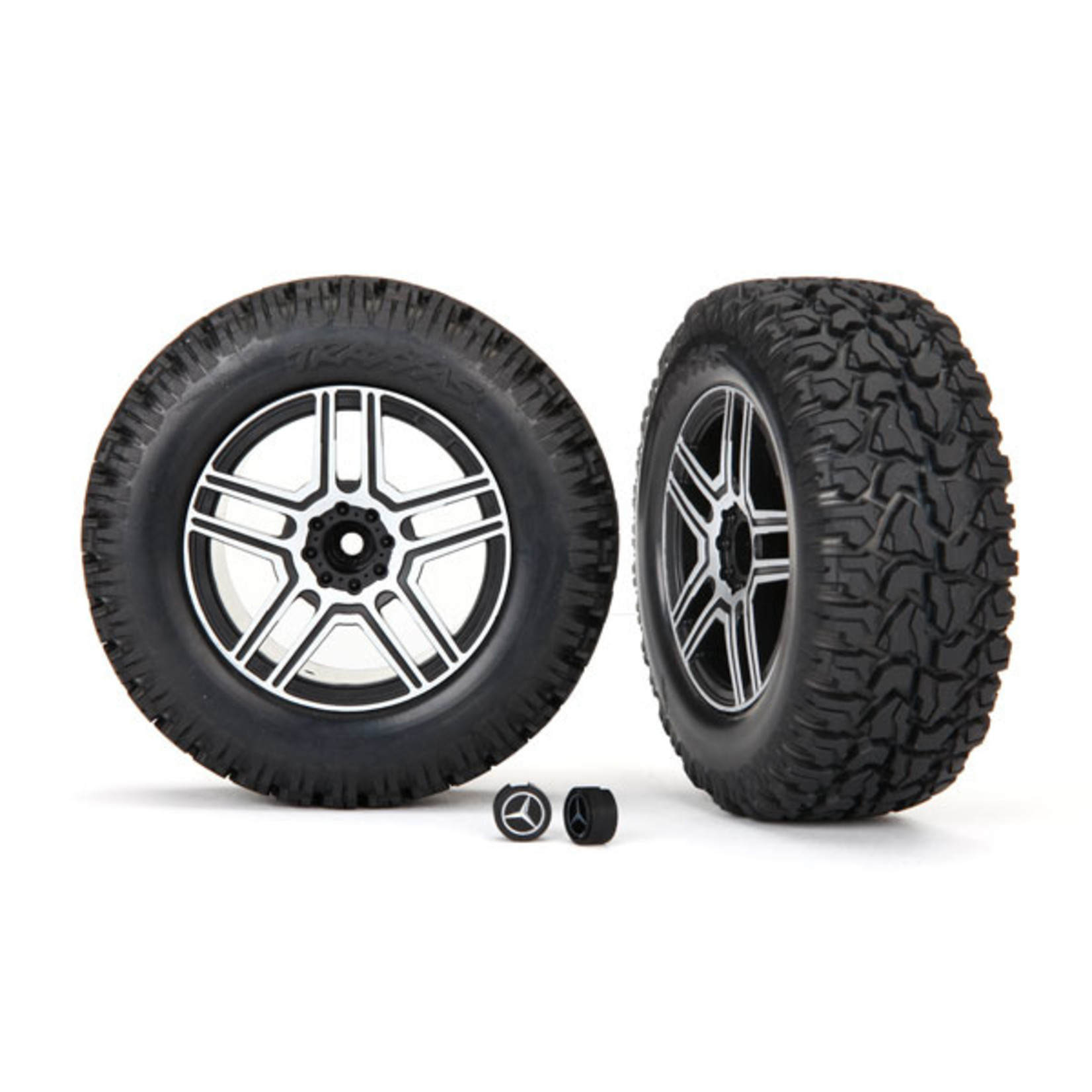 Traxxas 8872 Tires and wheels, assembled, glued (2.6' black, satin chrome-plated Mercedes-Benz® G 500® 4x4® wheels, 4.6x2.6' tires) (2)/ center caps (2) (requires #8255A extended thread stub axle)