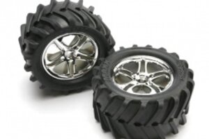 Traxxas 5173 Tires & wheels, assembled, glued (SS (Split-Spoke) chrome wheels, Maxx® Chevron tires, foam inserts) (2) (fits Revo®/T-Maxx®/E-Maxx with 6mm axle and 14mm hex)