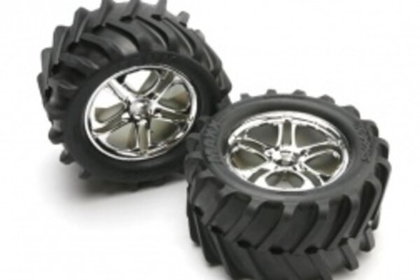 Traxxas 5173 Tires & wheels, assembled, glued (SS (Split-Spoke) chrome wheels, Maxx® Chevron tires, foam inserts) (2) (fits Revo®/T-Maxx®/E-Maxx with 6mm axle and 14mm hex)