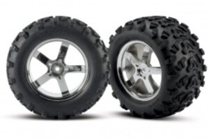 Traxxas 4973R Tires & wheels, assembled, glued (Hurricane chrome wheels, Maxx® tires (6.3' outer diameter), foam inserts) (2) (fits Revo®/T-Maxx®/E-Maxx with 6mm axle and 14mm hex)