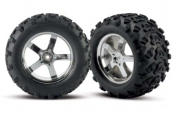 Traxxas 4973R Tires & wheels, assembled, glued (Hurricane chrome wheels, Maxx® tires (6.3' outer diameter), foam inserts) (2) (fits Revo®/T-Maxx®/E-Maxx with 6mm axle and 14mm hex)