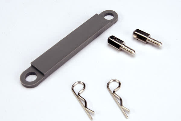 Traxxas 3727A Battery hold-down plate (gray)/ metal posts (2) / body clips (2)