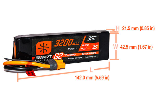 SPEKTRUM SPMX323S30 11.1V 3200mAh 3S 30C Smart G2 LiPo Battery: IC3