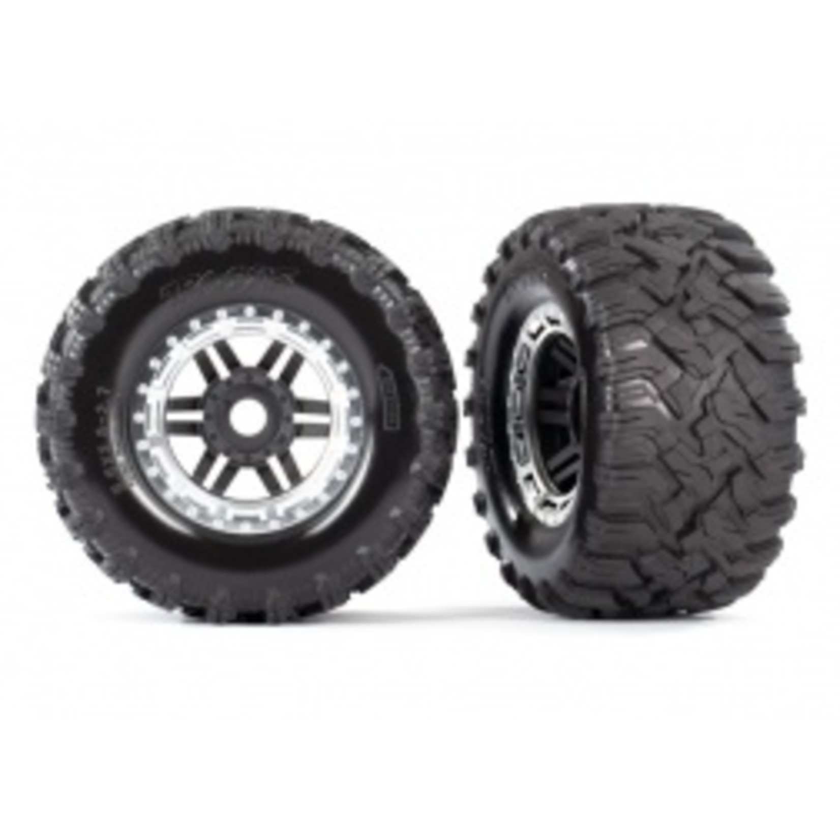 Traxxas 8972X Tires & wheels, assembled, glued (black, satin chrome beadlock style wheels, Maxx® MT tires, foam inserts) (2) (17mm splined) (TSM® rated)