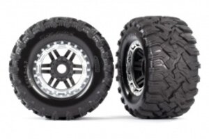Traxxas 8972X Tires & wheels, assembled, glued (black, satin chrome beadlock style wheels, Maxx® MT tires, foam inserts) (2) (17mm splined) (TSM® rated)