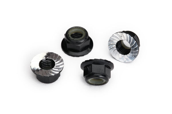 Traxxas 8447A Nuts, 5mm flanged nylon locking (aluminum, black-anodized, serrated) (4)