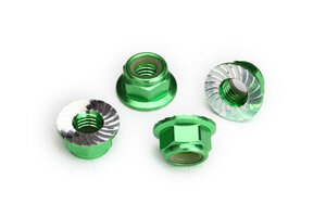 Traxxas 8447G Nuts, 5mm flanged nylon locking (aluminum, green-anodized, serrated) (4)