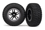 Traxxas 5883 Tires & wheels, assembled, glued (SCT Split-Spoke, black, satin chrome beadlock wheels, BFGoodrich® Mud-Terrain™  T/A® KM2 tire, foam inserts) (2) (4WD f/r, 2WD rear)