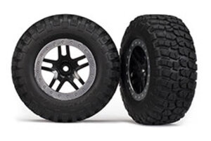 Traxxas 5883 Tires & wheels, assembled, glued (SCT Split-Spoke, black, satin chrome beadlock wheels, BFGoodrich® Mud-Terrain™  T/A® KM2 tire, foam inserts) (2) (4WD f/r, 2WD rear)