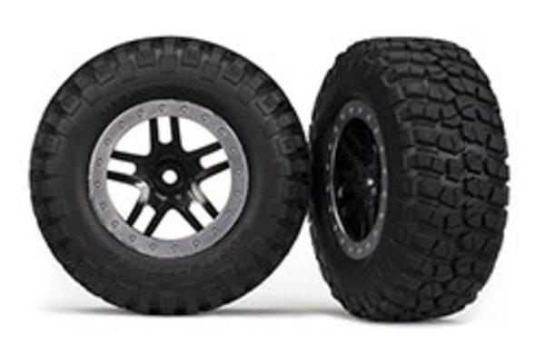 Traxxas 5883 Tires & wheels, assembled, glued (SCT Split-Spoke, black, satin chrome beadlock wheels, BFGoodrich® Mud-Terrain™  T/A® KM2 tire, foam inserts) (2) (4WD f/r, 2WD rear)