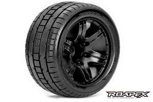 Roapex R/C ROPR2001-B2 Trigger 1/10 Stadium Truck Tires, Mounted on Black Wheels, 1/2 Offset, 12mm Hex (1 pair)