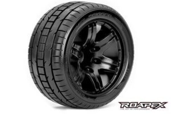 Roapex R/C ROPR2001-B2 Trigger 1/10 Stadium Truck Tires, Mounted on Black Wheels, 1/2 Offset, 12mm Hex (1 pair)