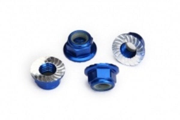 Traxxas 8447X Nuts, 5mm flanged nylon locking (aluminum, blue-anodized, serrated) (4)