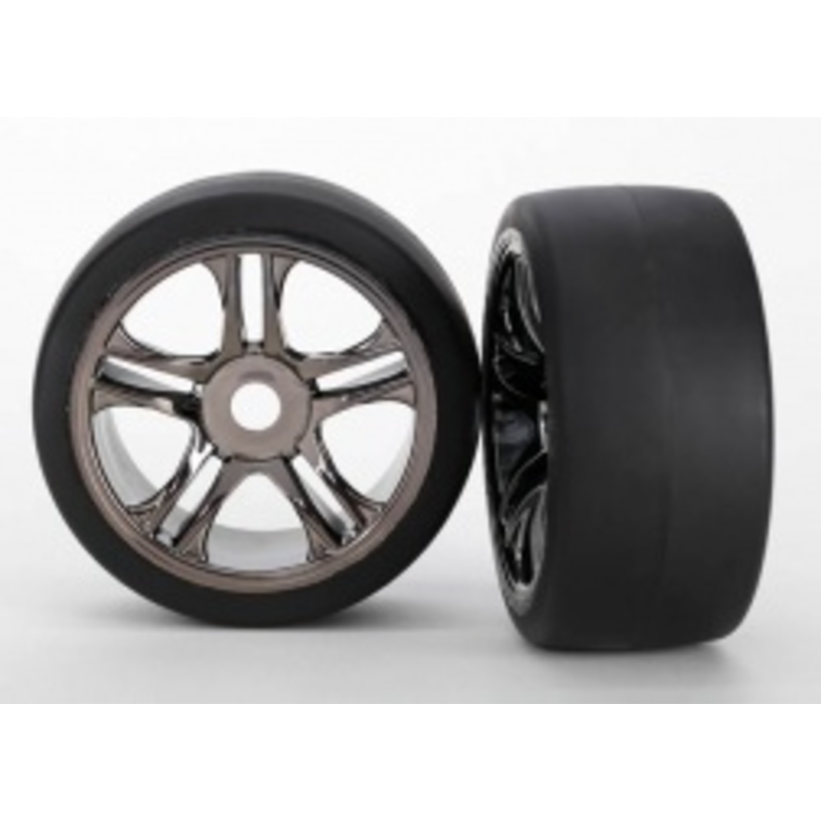 Traxxas 6479 XO-1  Tires & wheels, assembled, glued (split-spoke, black chrome wheels, slick tires (S1 compound), foam inserts) (front) (2)