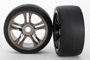 Traxxas 6479 XO-1  Tires & wheels, assembled, glued (split-spoke, black chrome wheels, slick tires (S1 compound), foam inserts) (front) (2)