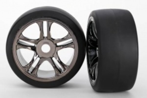 Traxxas 6479 XO-1  Tires & wheels, assembled, glued (split-spoke, black chrome wheels, slick tires (S1 compound), foam inserts) (front) (2)