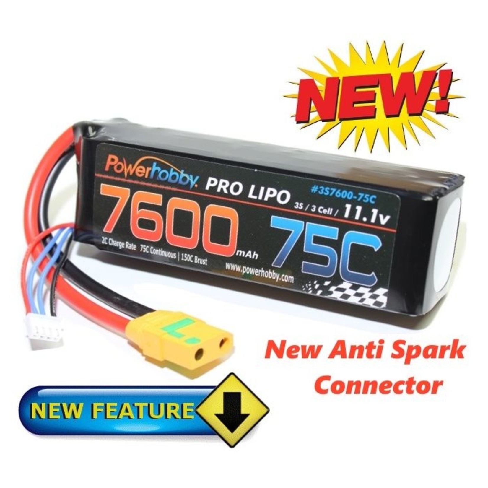 Power Hobby PH3S7600MAH75CXT90 Powerhobby 3S 11.1V 7600mAh 75C Lipo Battery w XT90 Anti Spark Plug