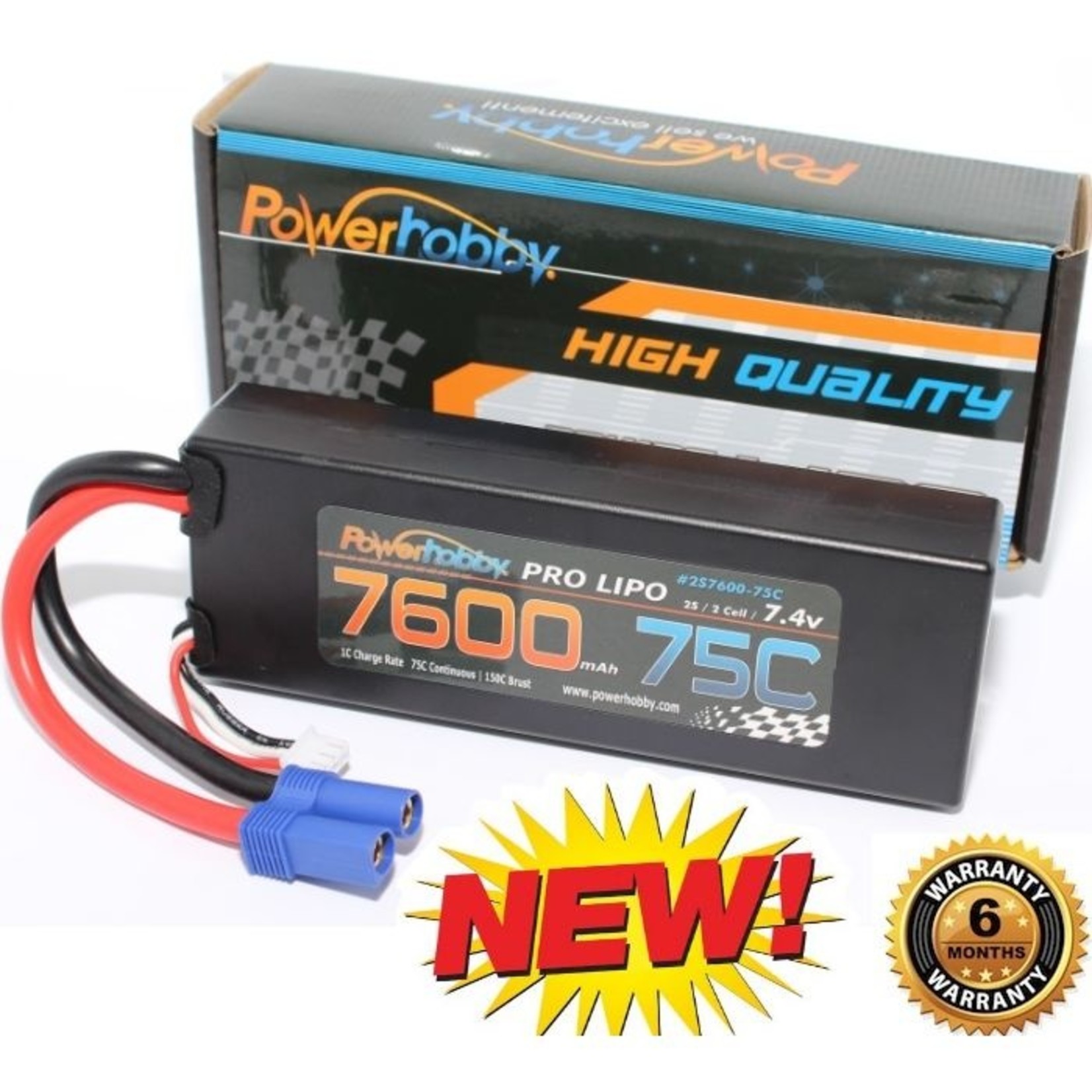 Powerhobby PH2S7600MAH75CEC5  PowerHobby 2S 7.4V 7600mAh 75C Lipo Battery Pack w EC5 Plug Hard Case