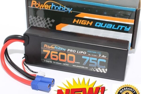 Powerhobby PH2S7600MAH75CEC5  PowerHobby 2S 7.4V 7600mAh 75C Lipo Battery Pack w EC5 Plug Hard Case