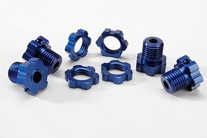 Traxxas 5353X Wheel hubs, splined, 17mm (blue-anodized) (4)/ wheel nuts, splined, 17mm (blue-anodized) (4)/ screw pins, 4x13mm (with threadlock) (4)